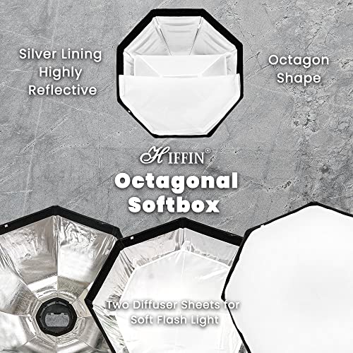 HIFFIN® (55cm) Lightweight & Portable Soft Box Comes with S2 Type Bracket & 2 Diffuser Sheets | Carrying Case | Compatible with All Flash Speedlights (Octagonal Softbox 55 cm)…