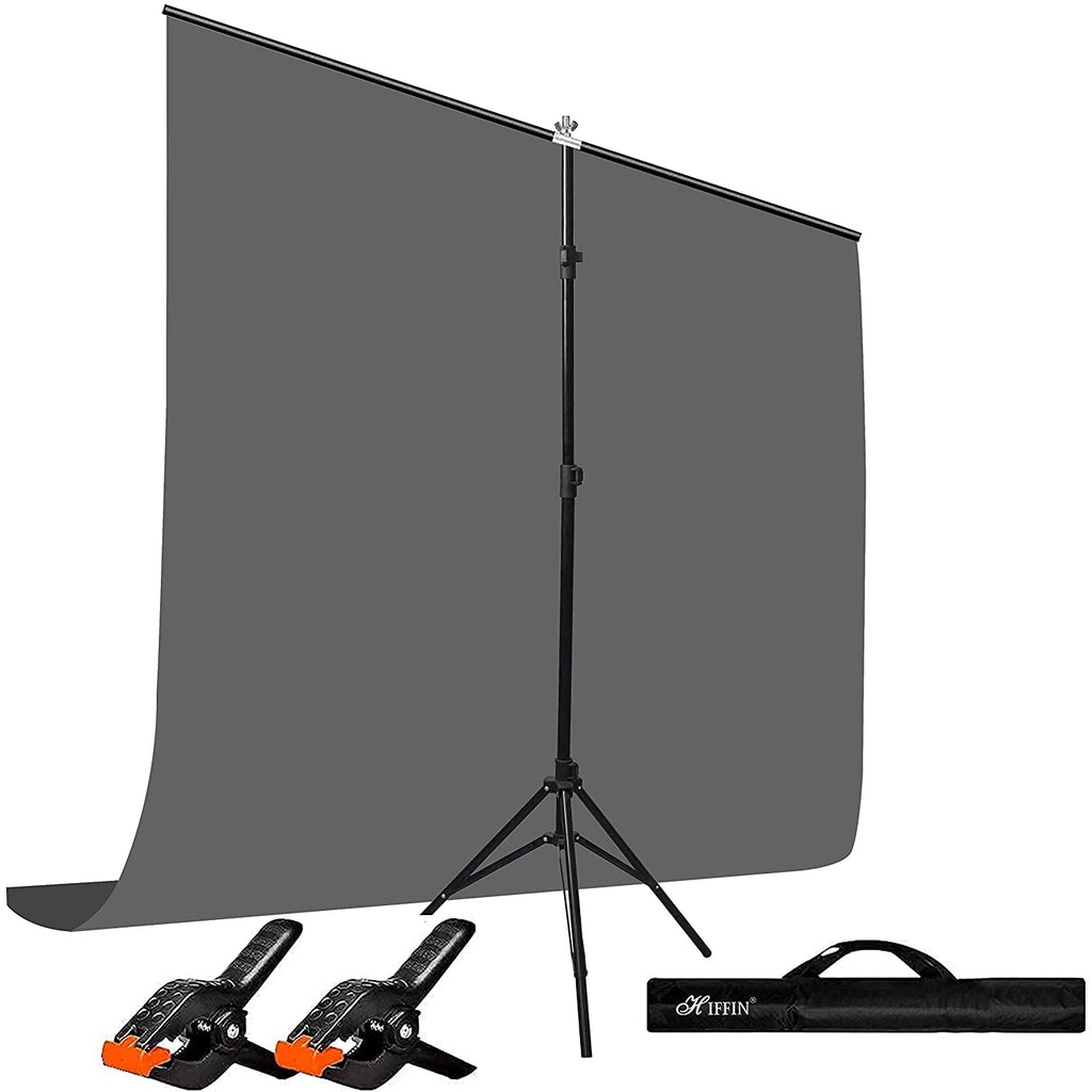 HIFFIN® Grey Screen Backdrop 6x10 ft with Stand - 6x9FT Photography Backdrop with 1PC 6.5FT T-Shape Backdrop Stands, 2PCs Spring Clamps, 1PCs Carry Bag