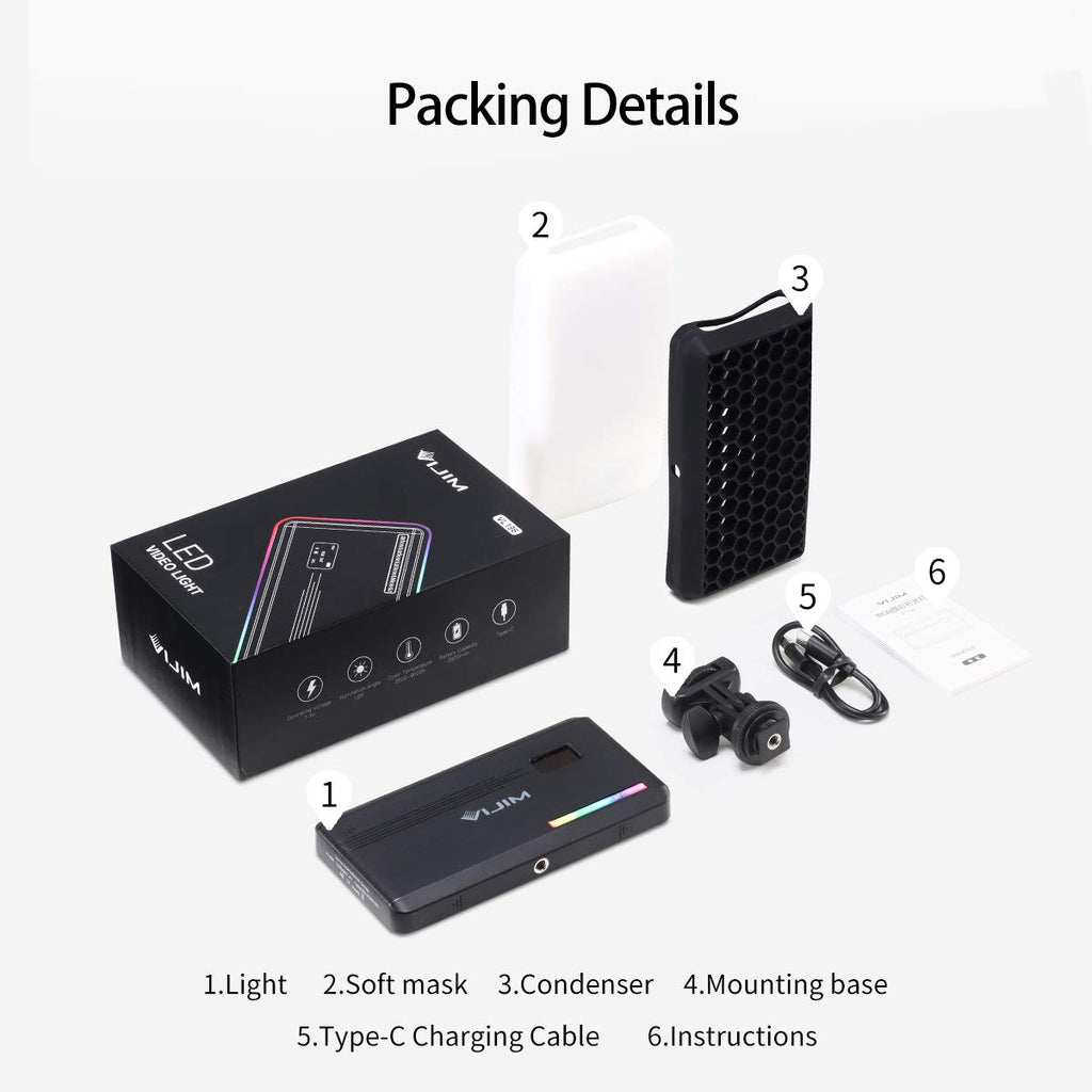VIJIM VL196 RGB LED Video Light with Adjustable Stand,2500K-9000K Full Color 20 Lighting Effect Modes Ultra Bright Camera Lighting with Soft Light Board and Honeycomb Frame for Vlogging,Video Shooting