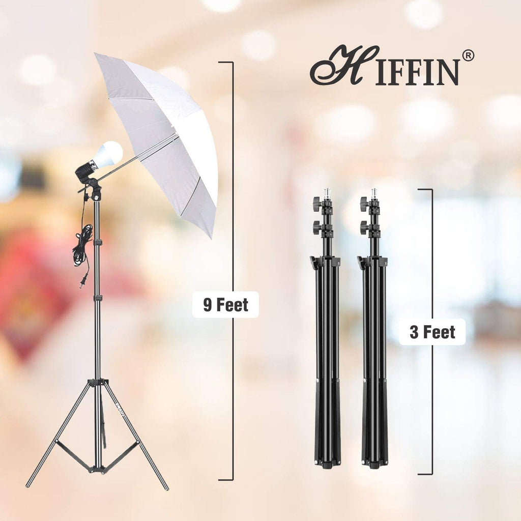 HIFFIN® E27 3 Point Studio Single Holder KIT Umbrella White + Studio Light Stand 9 FT+ Umbrella and Bulb Holder KIT Mark III | 3 Single Holder | 3 Light Stand 9ft | 3 Umbrella | 3 20 WT LED Bulb