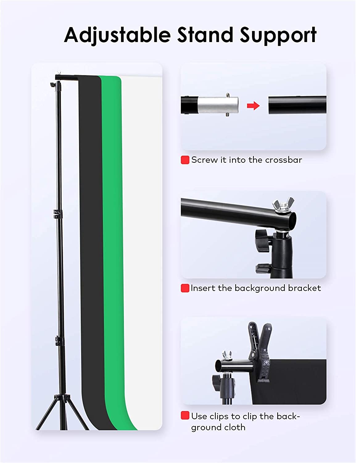 HIFFIN® Lighting Kit Adjustable Max Size 2.6Mx3M Background Support System 3 Color Backdrop Fabric Photo Studio Softbox Sets Continuous Umbrella Light Stand with Portable Bag