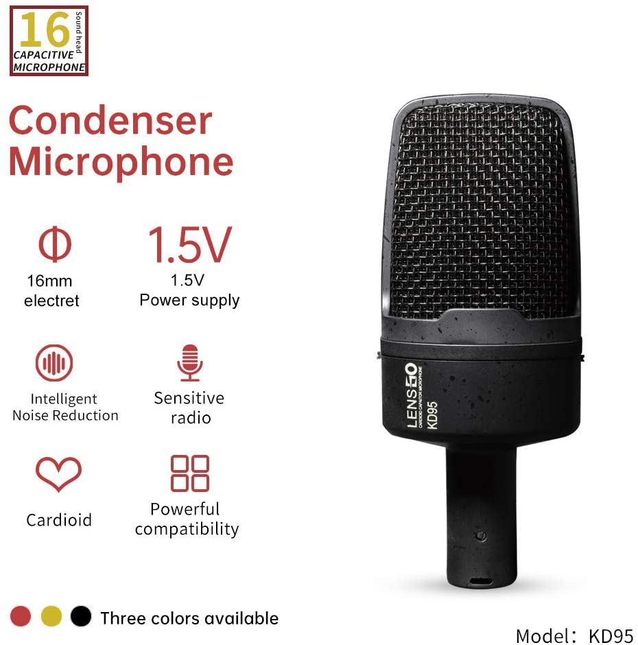 LENSGO KD95 Professional Cardioid Capaitor Studio Condenser Microphone Mic with XLR to 3.5mm Cable for Podcasting, Streaming, Vocal Recording, Singer, Podcaster, Skype, YouTube (Black)