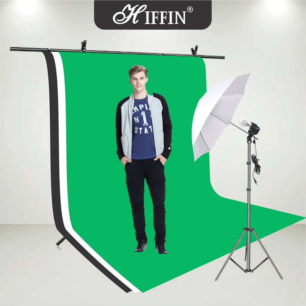 HIFFIN® White Black Green Screen Backdrop 6x10 ft with 9 ft Stand - 6x9 ft Photography Backdrop with 2 Pcs Spring Clamps, 1PCs Carry Bag (T Shape Kit C2 C3 B|W|G & Double Holder Kit M1)