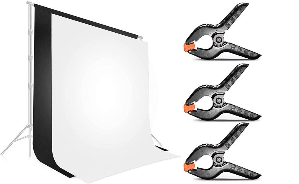 HIFFIN® 8 x 12 FT White | Black | LEKERA Backdrop Photo Light Studio Photography Background with 3 pcs Backdrop Support Spring Clamp 4.3"/11cm.