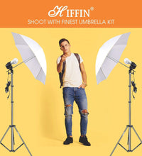 HIFFIN® E27 Studio Triple Holder KIT Mark II Umbrella White + Studio Light Stand 9 FT+ Umbrella and Bulb Holder Kit (2 Triple Holder,2 Light Stand 9FT,2 Umbrella, 6 20 W LED Bulb)