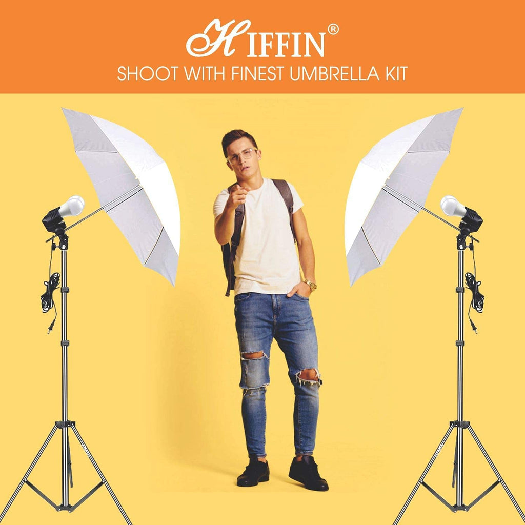 HIFFIN® E27 Studio Triple Holder KIT Mark I Umbrella White + Studio Light Stand 9 FT+ Umbrella and Bulb Holder Kit (1 Triple Holder,1 Light Stand 9FT,1 Umbrella, 3 20 W LED Bulb 1 Bag)