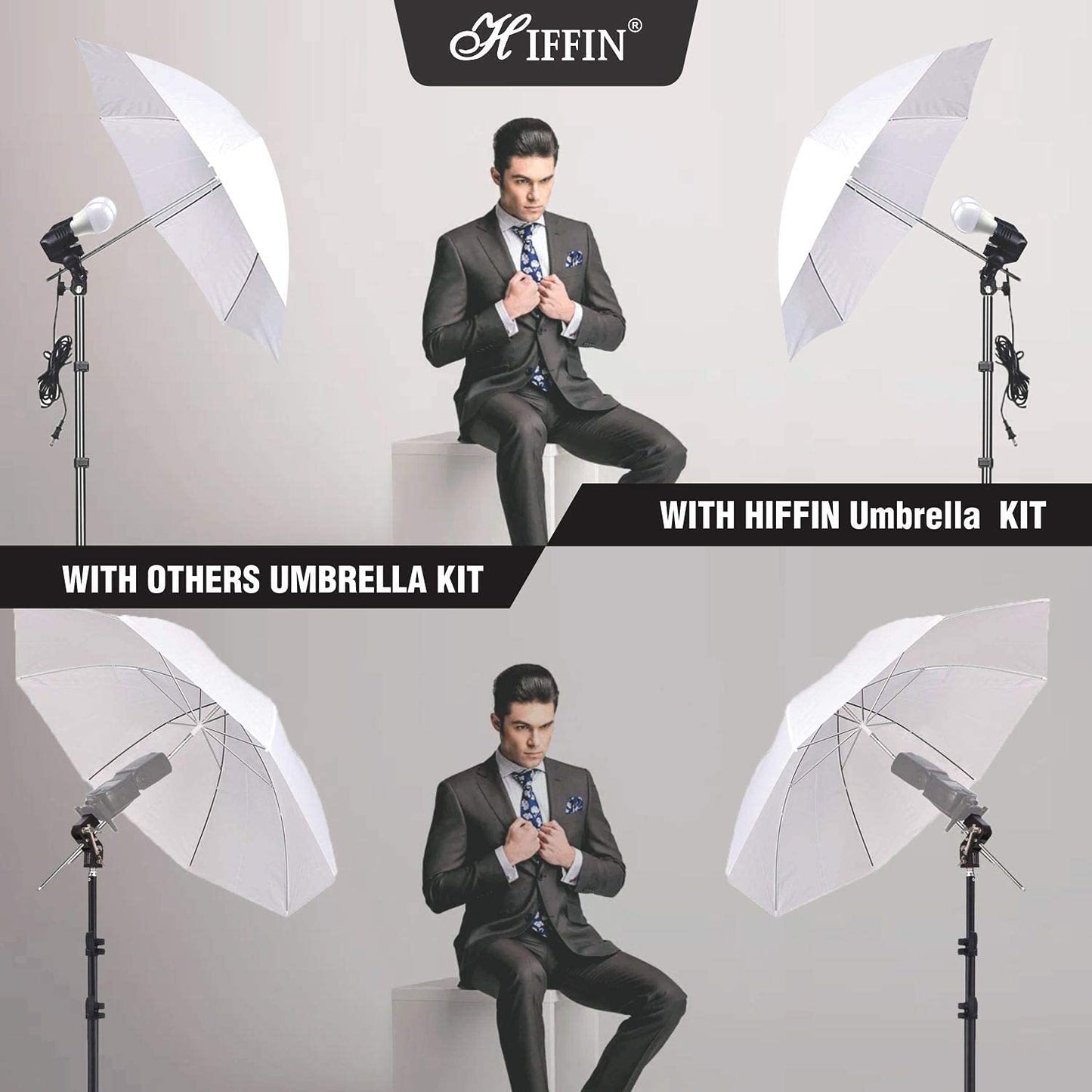 HIFFIN® E27 Studio Triple Holder KIT Mark I Umbrella White + Studio Light Stand 9 FT+ Umbrella and Bulb Holder Kit (1 Triple Holder,1 Light Stand 9FT,1 Umbrella, 3 20 W LED Bulb 1 Bag)