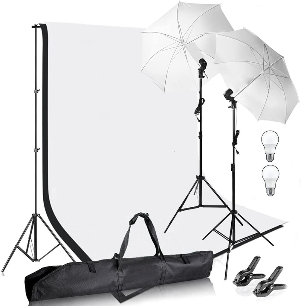 HIFFIN®Photography Photo Video Studio Background Stand Support Kit with Muslin Backdrop Kits (White Black),Daylight Umbrella Lighting Kit(E27 Single...