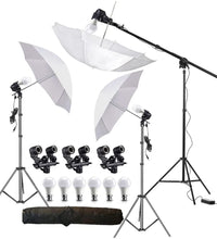 HIFFIN® E27 3 Point Studio Double Holder Kit Umbrella White + Studio Light Stand 9 FT Bulb Holder KIT Mark III | 3 Double Holder | 3 Light Stand 9ft | 3 Umbrella | 6 20 W LED Bulb | 1 Boom