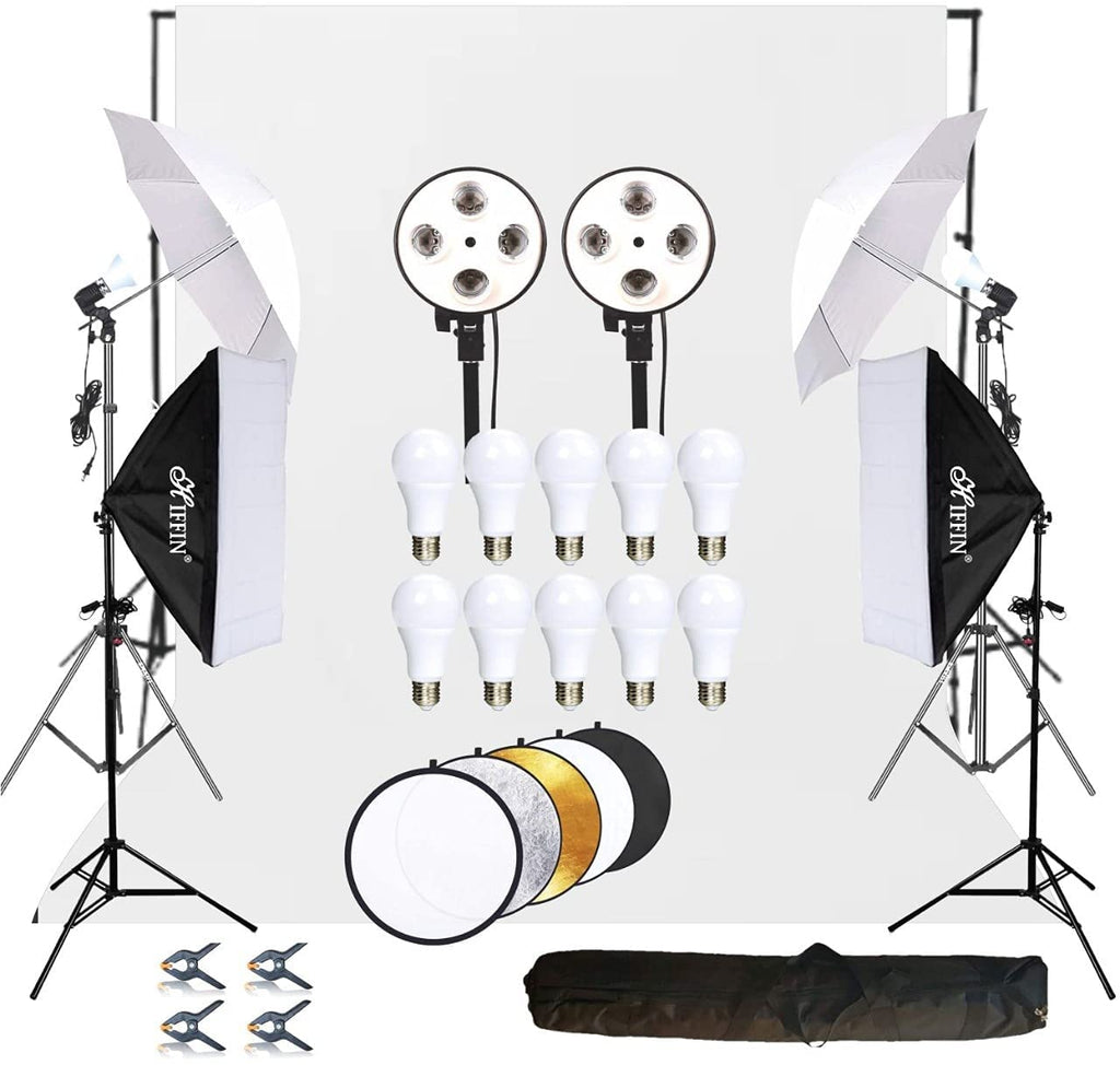 HIFFIN® Lighting Kit Adjustable Max Size 8x14ft Background Support System 1 White Color Backdrop Fabric Photo Studio Softbox Sets Continuous Umbrella Light Stand with Portable Bag
