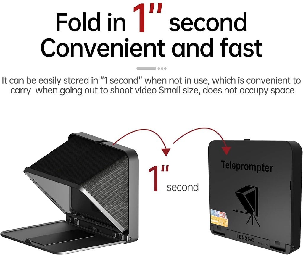 LENSGO TC7 8” Teleprompter for iPad Tablet Smartphone DSLR Camera w/Remote Control, APP Compatible with iOS & Android System for Online Teaching Vlog Live Streaming Interview, Fold in One Sec (Black)