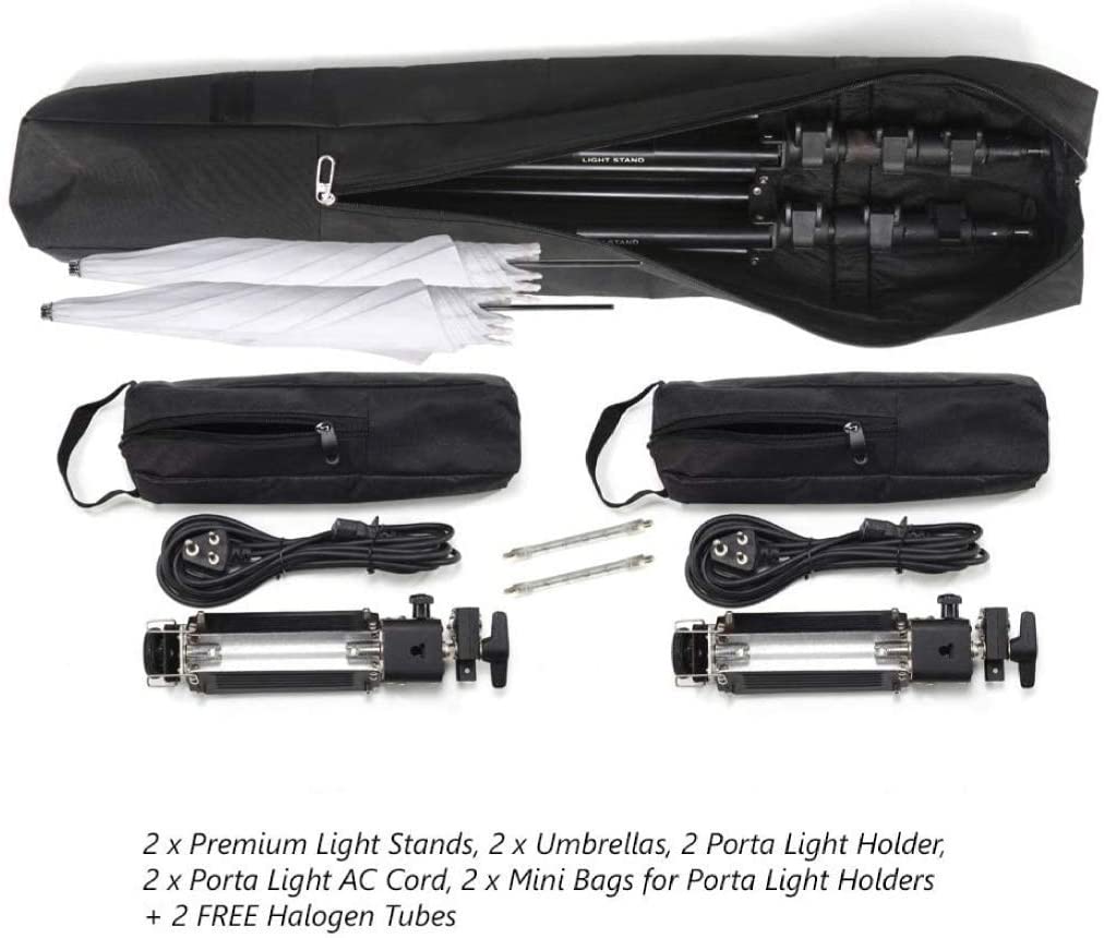 HIFFIN® Porta Kit with Pair of 9 feet Light Stands, Porta Lights, Umbrellas for Video & Still Photography Lighting