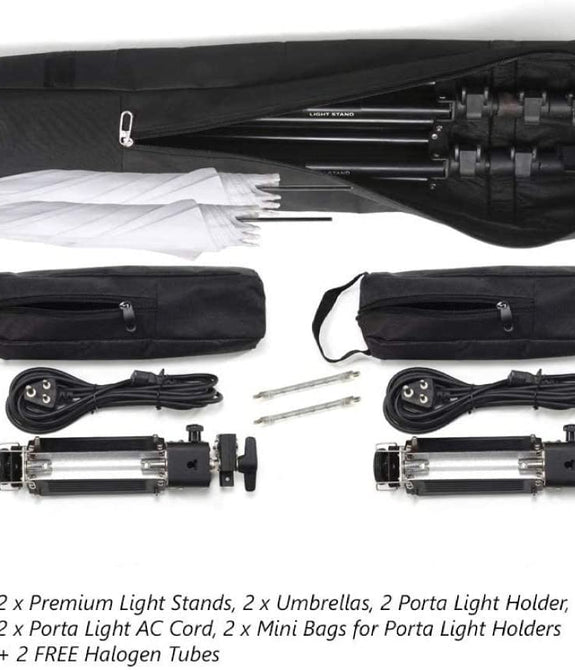 HIFFIN® Porta Kit with Pair of 9 feet Light Stands, Porta Lights, Umbrellas for Video & Still Photography Lighting