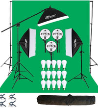 HIFFIN® 5 PRO Quadlux Mark III Soft Led Still & Video Light Softbox 3 Point Lighting Kit with Backdrop Stand, 9x10ft Photo Video Studio Muslin 1 x Curtain Green | Stand Backdrop Support System Kit