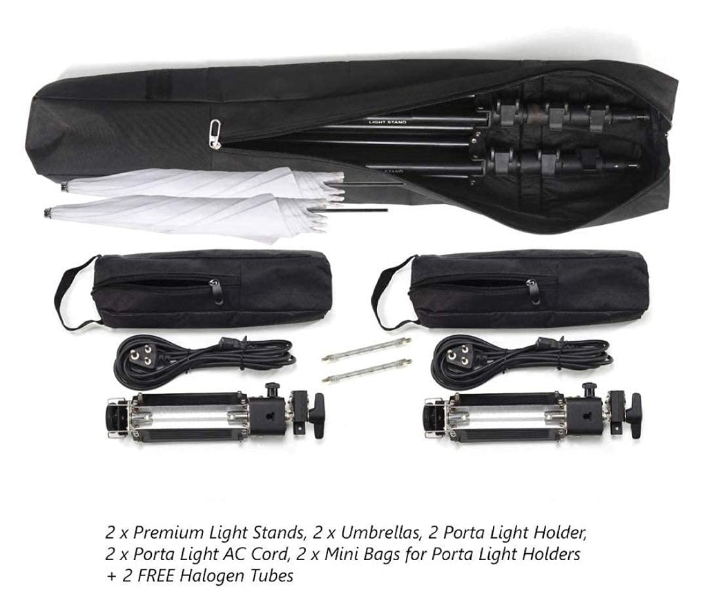 HIFFIN® Extra-Heavy-Duty Porta Kit (14 feet) with Pair of Light Stands, Porta Lights and Umbrellas Professional Studio Setup