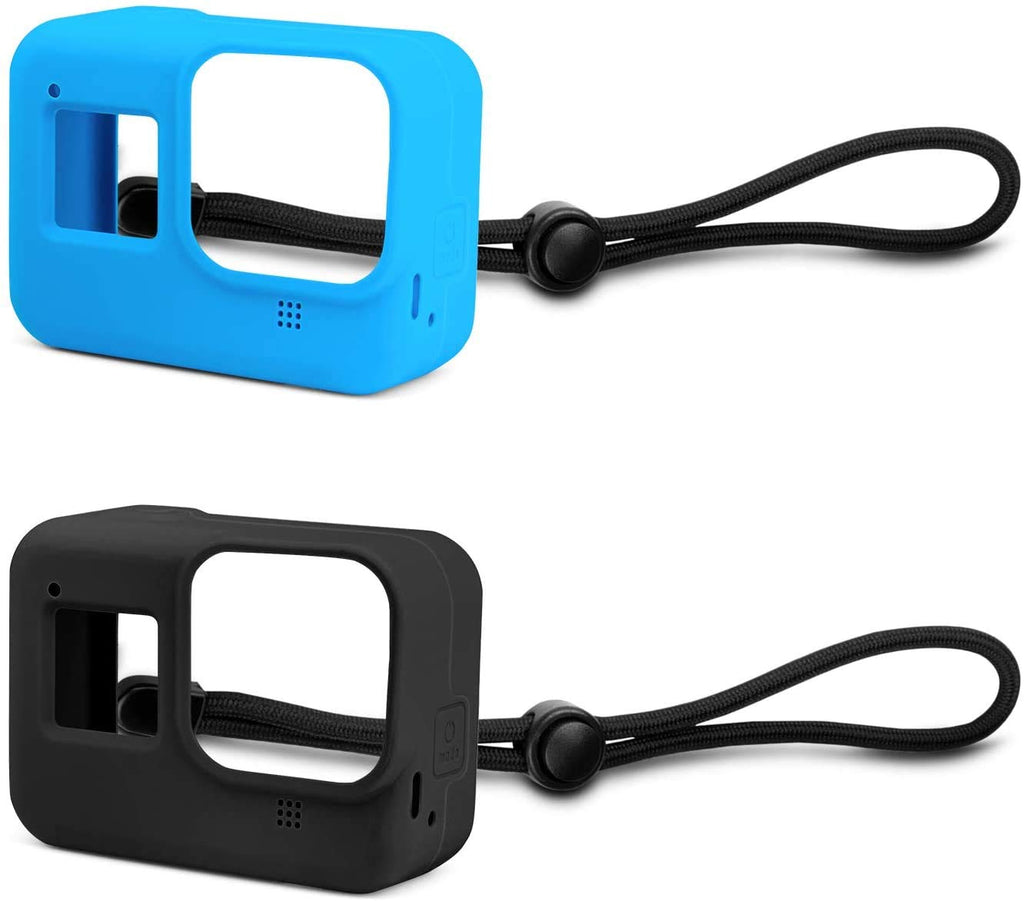 HIFFIN® Protective Silicone Pack of 2 pcs Sleeve Case + Lanyard Accessories Soft Rubber Frame Cover Protection for Go Pro Compatible with GoPro Hero 8 Black Action Camera (Black+Blue)