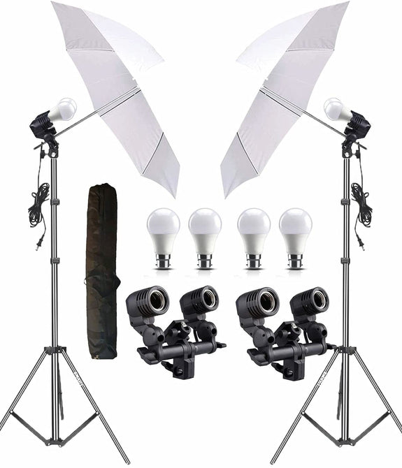 HIFFIN E27 Studio Double Holder KIT Umbrella White + Studio Light Stand 9 FT+ Umbrella and Bulb Holder KIT Set of 2