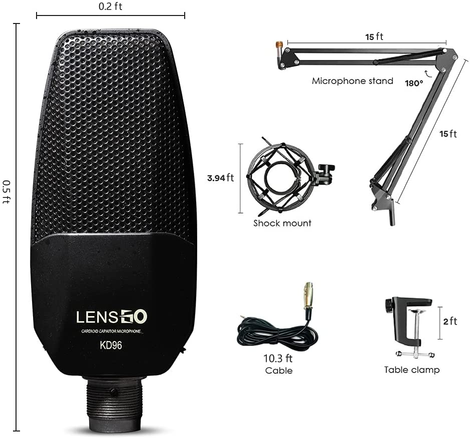 LENSGO KD96 Professional Electret Cardioid Studio Condenser Mic with XLR to 3.5mm Cable for Used for Recording Studio Recording and Live Broadcasting, Games (Black)