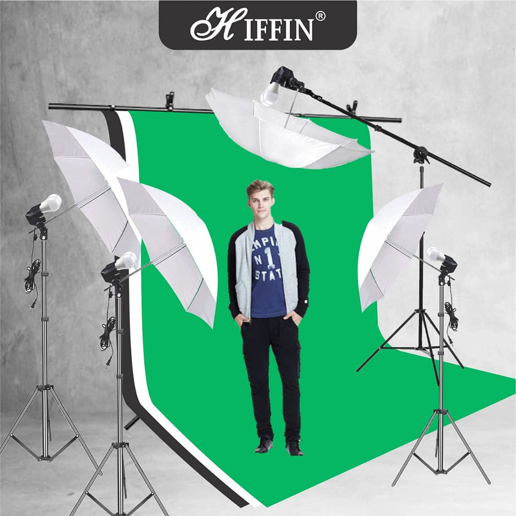 HIFFIN® White Black Green Screen Backdrop 8x12 ft with 9 ft Stand - 3 Packs 6x9 ft Photography Backdrop with 2 Pcs Spring Clamps, 1PCs Carry Bag (T Shape Kit C2 C3 B|W|G & Double Holder Kit M4)