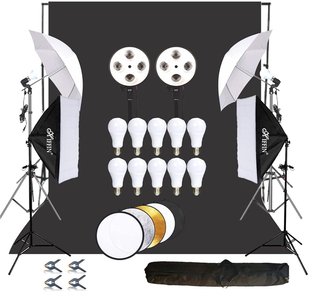 HIFFIN® Lighting Kit Adjustable Max Size 8x14ft Background Support System 1 Black Color Backdrop Fabric Photo Studio Softbox Sets Continuous Umbrella Light Stand with Portable Bag