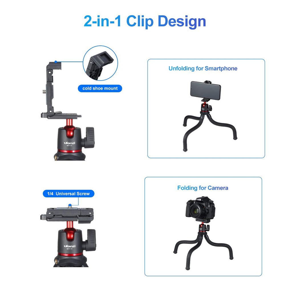 Ulanzi Camera Tripod, Mini Flexible Tripod Stand with Hidden Phone Holder w Cold Shoe Mount, 1/4'' Screw for Magic Arm, Universal for iPhone 11 Pro Max XS Max X 8 7 Samsung Canon Nikon Sony Cameras