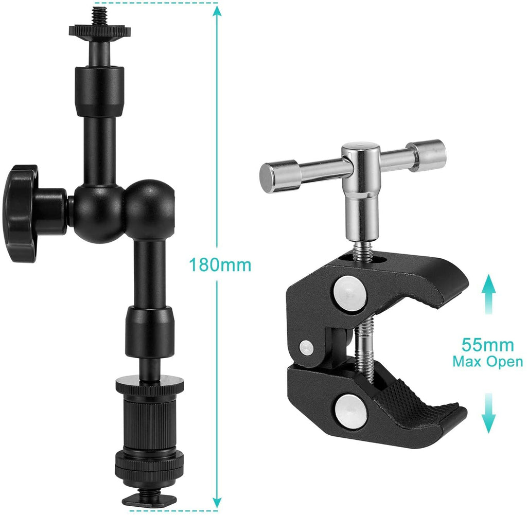 HIFFIN® 7 Inch Articulating Friction Magic Arm & Large Adjustable Super Rod Clamp Pliers Clip with 1/4" and 3/8" Thread for DSLR Camera Rig, LCD Monitor, LED Flash Lights (7'Arm & Clip)