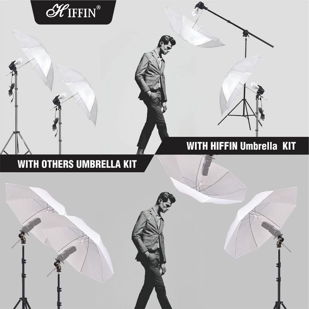 HIFFIN® E27 4 Point Studio Holder Kit Umbrella White + Studio Light Stand 9 FT Bulb Holder KIT Mark IIII | 4 Triple Holder | 4 Light Stand 9ft | 4 Umbrella | 12 x 20 W LED Bulb | 1 Boom | 1 Bag