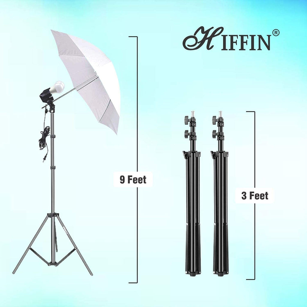 HIFFIN® E27 Studio Triple Holder KIT Mark I Umbrella White + Studio Light Stand 9 FT+ Umbrella and Bulb Holder Kit (1 Triple Holder,1 Light Stand 9FT,1 Umbrella, 3 20 W LED Bulb 1 Bag)