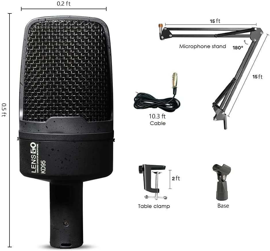 LENSGO KD95 Professional Cardioid Capaitor Studio Condenser Microphone Mic with XLR to 3.5mm Cable for Podcasting, Streaming, Vocal Recording, Singer, Podcaster, Skype, YouTube (Black)