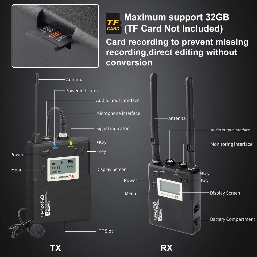 LENSGO LWM-338C Metal 99-Channel Professional Omnidirectional Wireless Lavalier Microphone System UHF Dual Transmitter and 1 Receiver Wireless Lav Lapel Mic for Camera DSLR Smartphone Video Recording