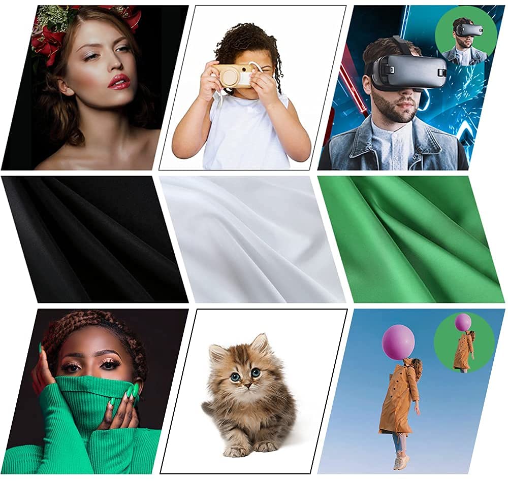 HIFFIN® Green Screen Backdrop 6x9 ft with Stand - 3 Packs 6x9FT Photography Backdrop (Black/Green/White Backdrop) with 1PC 6.5FT T-Shape Backdrop Stands, 4PCs Spring Clamps, 1PCs Carry Bag, 1PC
