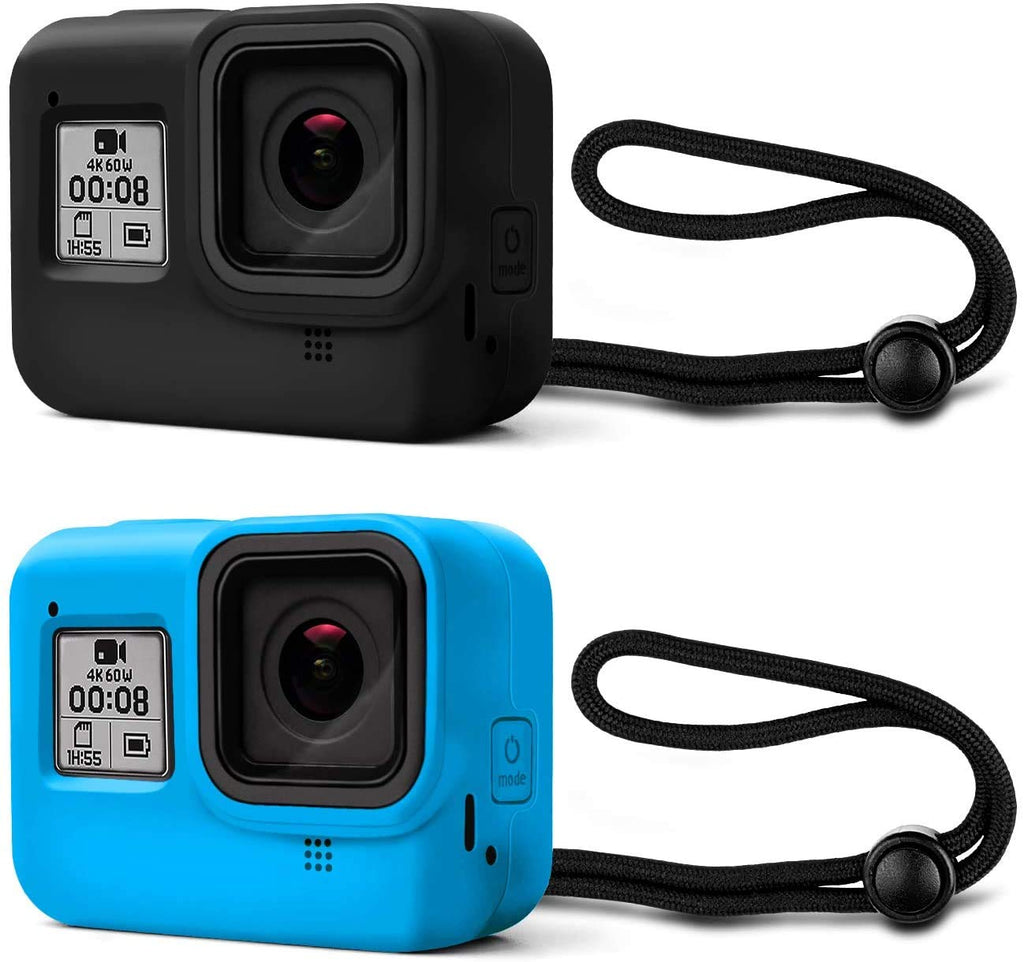 HIFFIN® Protective Silicone Pack of 2 pcs Sleeve Case + Lanyard Accessories Soft Rubber Frame Cover Protection for Go Pro Compatible with GoPro Hero 8 Black Action Camera (Black+Blue)