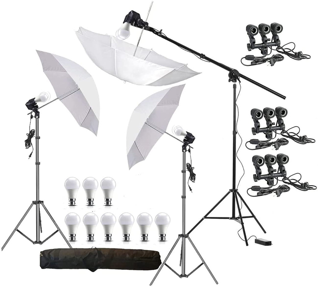 HIFFIN E27 3 Point Studio Triple Holder Kit Umbrella White + Studio Light Stand 9 FT Bulb Holder KIT Mark III | 3 Triple Holder | 3 Light Stand 9ft | 3 Umbrella | 9 20 W LED Bulb | 1 Boom | 1 Bag
