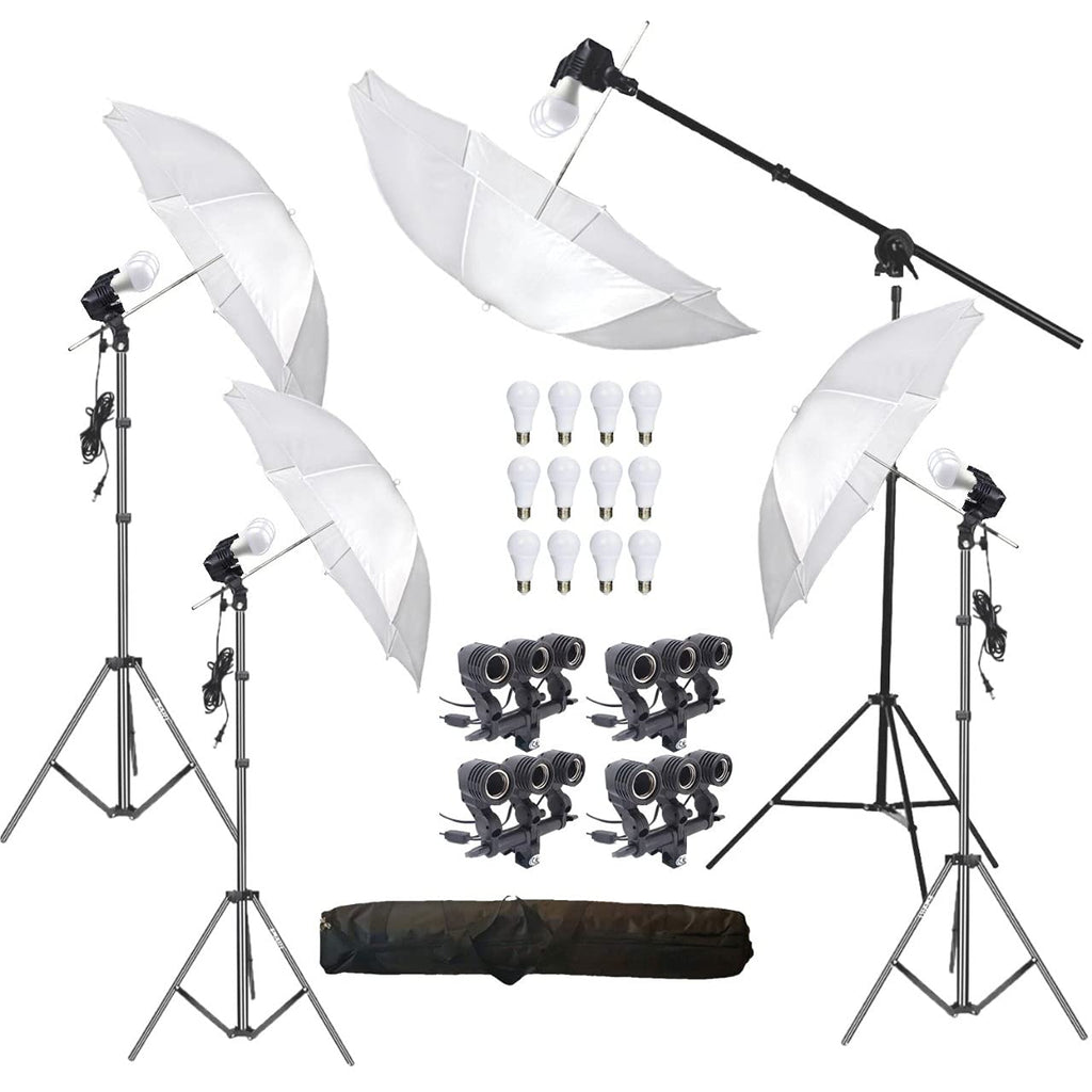HIFFIN® E27 4 Point Studio Holder Kit Umbrella White + Studio Light Stand 9 FT Bulb Holder KIT Mark IIII | 4 Triple Holder | 4 Light Stand 9ft | 4 Umbrella | 12 x 20 W LED Bulb | 1 Boom | 1 Bag