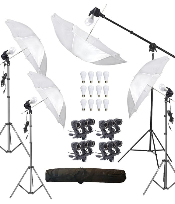 HIFFIN® E27 4 Point Studio Holder Kit Umbrella White + Studio Light Stand 9 FT Bulb Holder KIT Mark IIII | 4 Triple Holder | 4 Light Stand 9ft | 4 Umbrella | 12 x 20 W LED Bulb | 1 Boom | 1 Bag