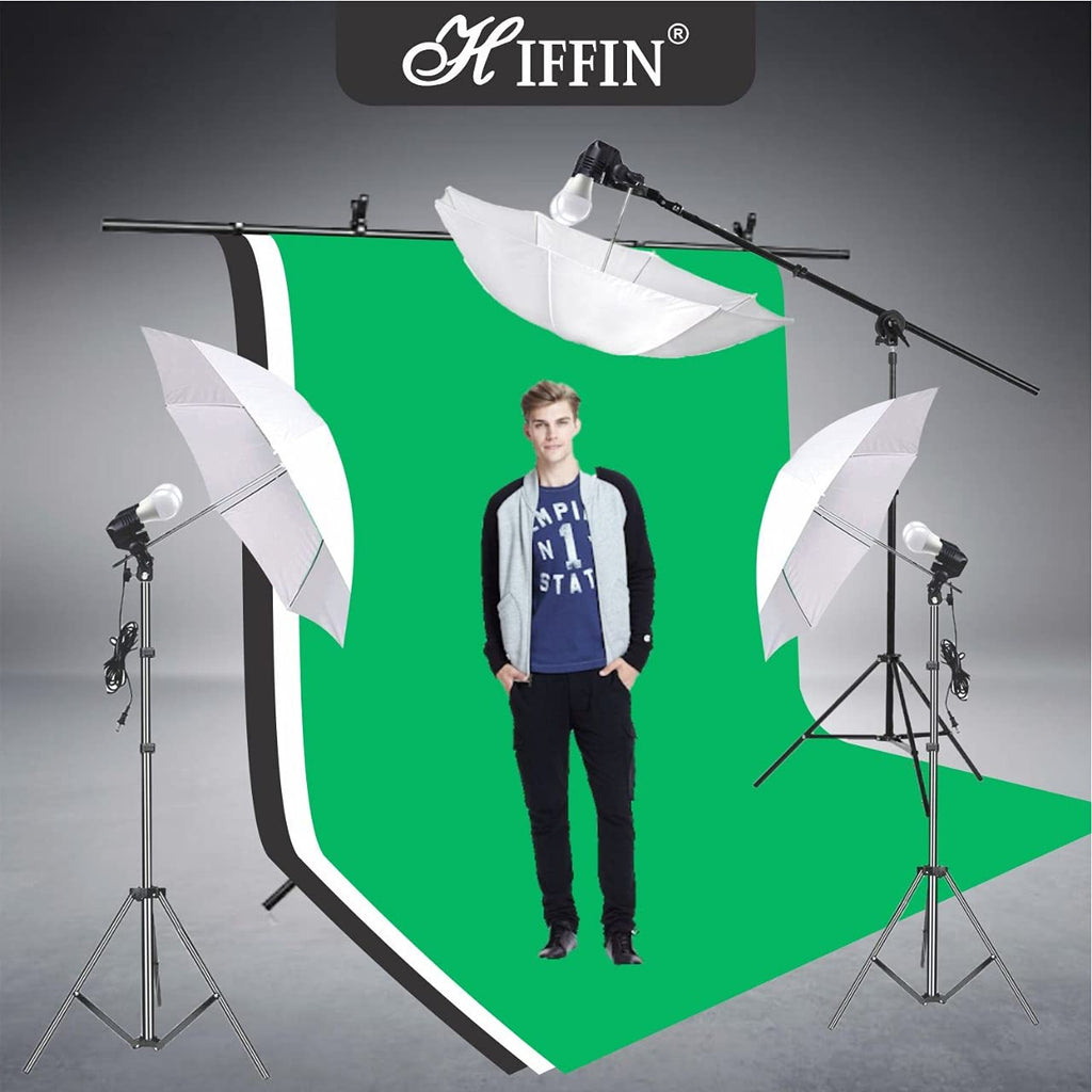 HIFFIN® Green White Black Screen Backdrop 8x12 ft with 9 ft Stand - 3 Packs 6x9 ft Photography Backdrop with 2 Pcs Spring Clamps, 1PCs Carry Bag (T Shape Kit C2 C3 G|B|W & Double Holder Kit M3)