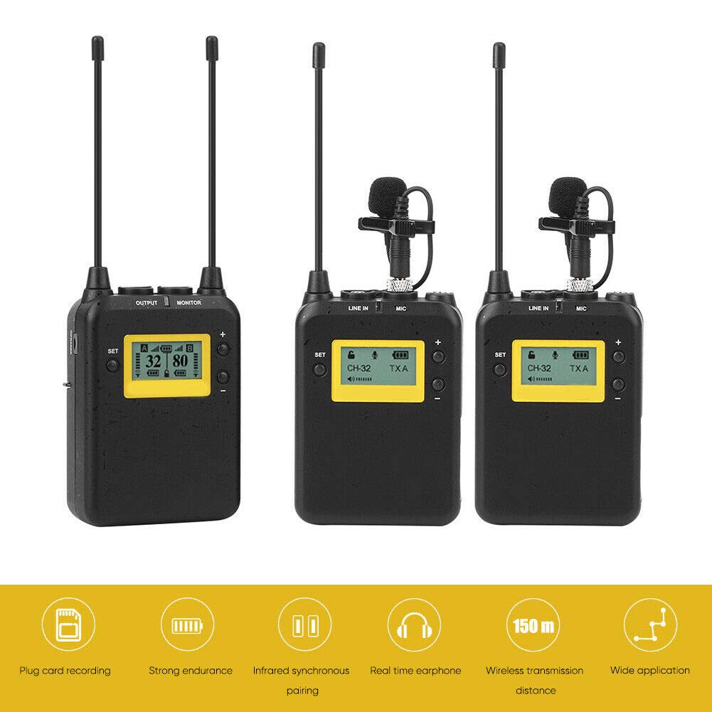 LENSGO LWM-328C Wireless Microphone System, 99-Channel UHF Professional Omnidirectional Wireless Lavalier Lapel Mic with 2 Transmitter & 1 Receiver for All Smartphone Camcorder Canon Nikon DSLR Camera