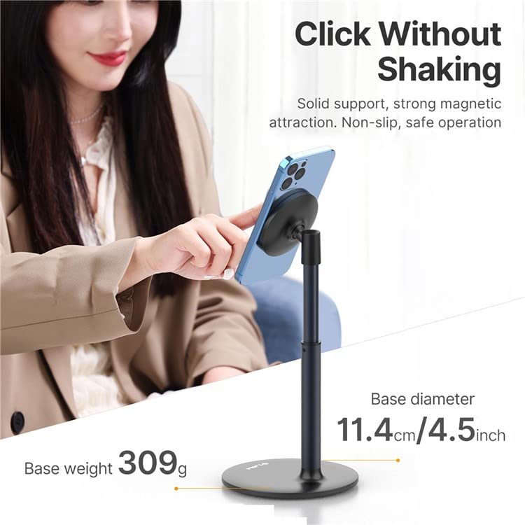 VIJIM HP002 Magnetic Cell Phone Stand 360-degree Rotating Phone Holder with 2-level Adjustable Height Aluminum Alloy Desktop Stand for All smart Phone & i-Phone 13/13 Pro/13 Mini/12/12 Pro/12 Mini