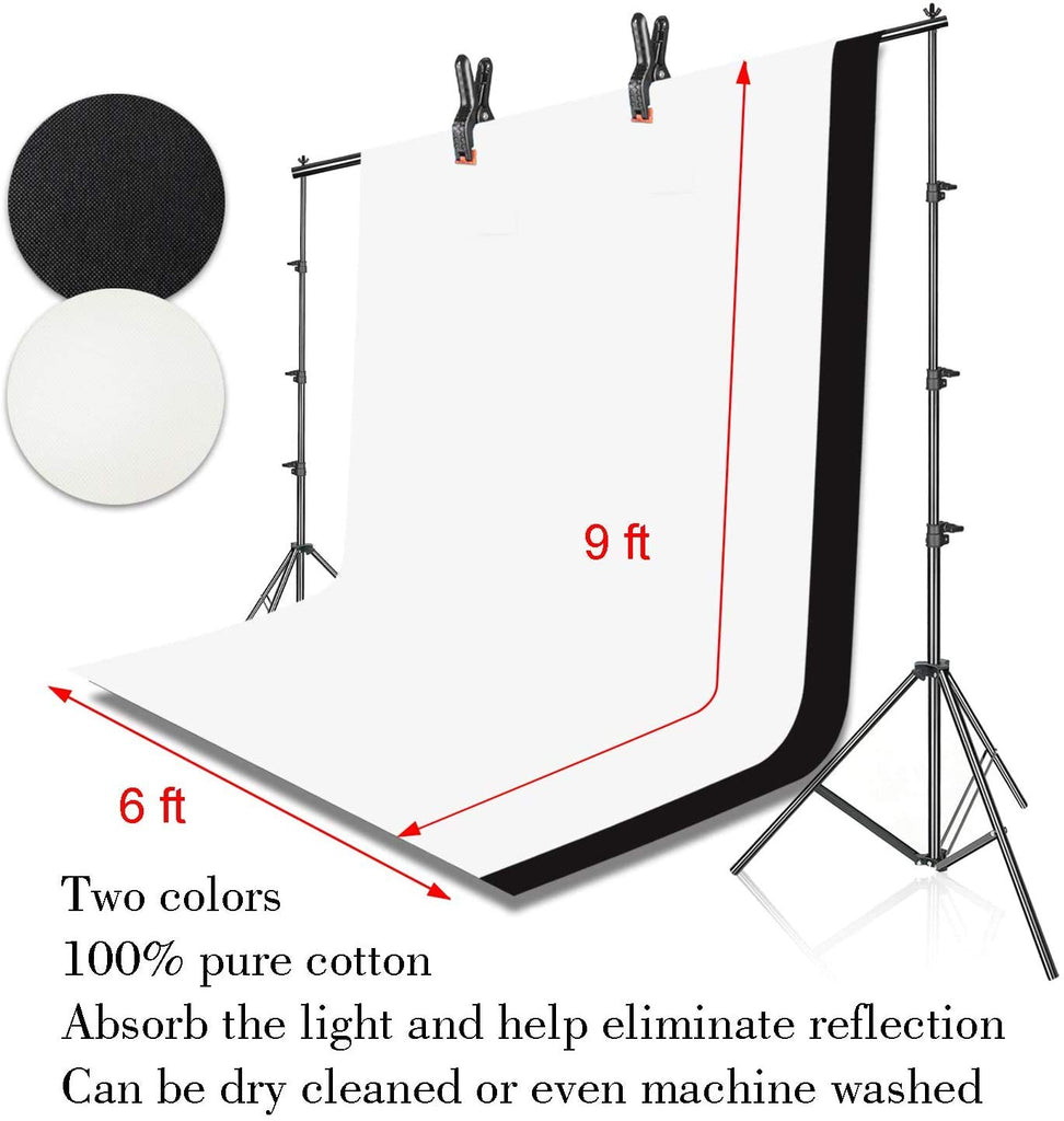 HIFFIN®Daylight Umbrella Continuous Lighting Kit, 8x14ft Background Support System with 2 Muslin backdrops (Black and White) for Photo Studio & 18 W Bulb Product, Portrait and Video Shoot Photography