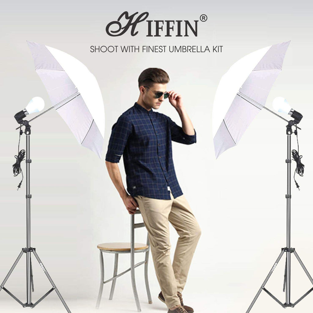 HIFFIN® E27 Studio Single Holder KIT Umbrella White + Studio Light Stand 9 FT+ Umbrella and Bulb Holder E27 Single Holder kit Mark IV (4 Single Holder,4 Light Stand 9FT,4 Umbrella, 4 18 WT LED Blub)