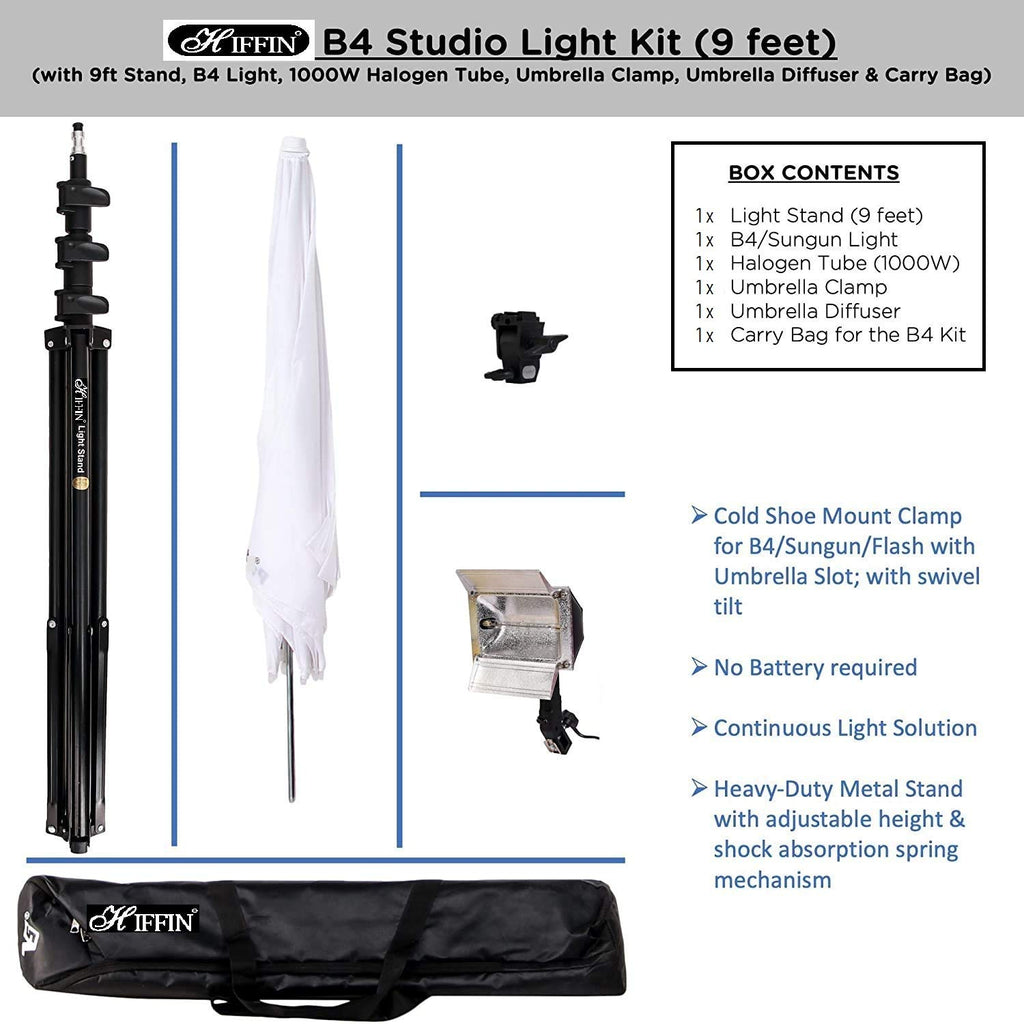 HIFFIN® Studio Home 33 Umbrella Stand Setup with Sungun Adapter B-Bracket and Stand Single Set with Continuous/Video Light with 1000 Watt Halogen Tube B4 Light kit Set of 1