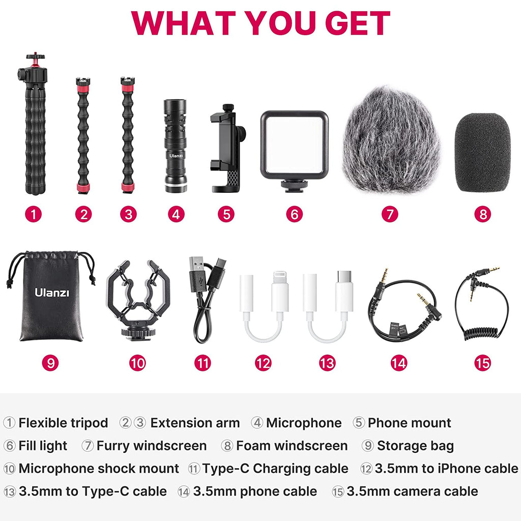 ULANZI Vlogging Kit, Smartphone Video Rig Kit with Flexible Tripod, Extension Arm, LED Light, Microphone, Phone Mount-Protable Octopus Tripod for iPhone Samsung Canon Nikon Sony Camera(Vlogging Kit)