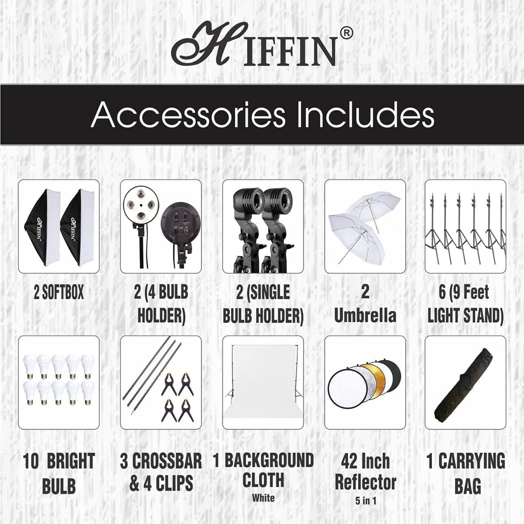 HIFFIN® Lighting Kit Adjustable Max Size 8x14ft Background Support System 1 White Color Backdrop Fabric Photo Studio Softbox Sets Continuous Umbrella Light Stand with Portable Bag