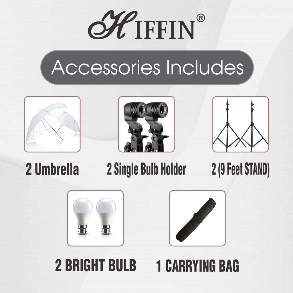HIFFIN® E27 Studio Single Holder KIT Umbrella White + Studio Light Stand 9 FT+ Umbrella and Bulb Holder KIT Set of 2 (2 Single Holder,2 Light Stand 9FT,2 Umbrella, 2 20 WT LED Blub)