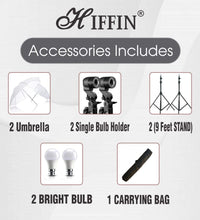 HIFFIN® E27 Studio Single Holder KIT Umbrella White + Studio Light Stand 9 FT+ Umbrella and Bulb Holder KIT Set of 2 (2 Single Holder,2 Light Stand 9FT,2 Umbrella, 2 20 WT LED Blub)