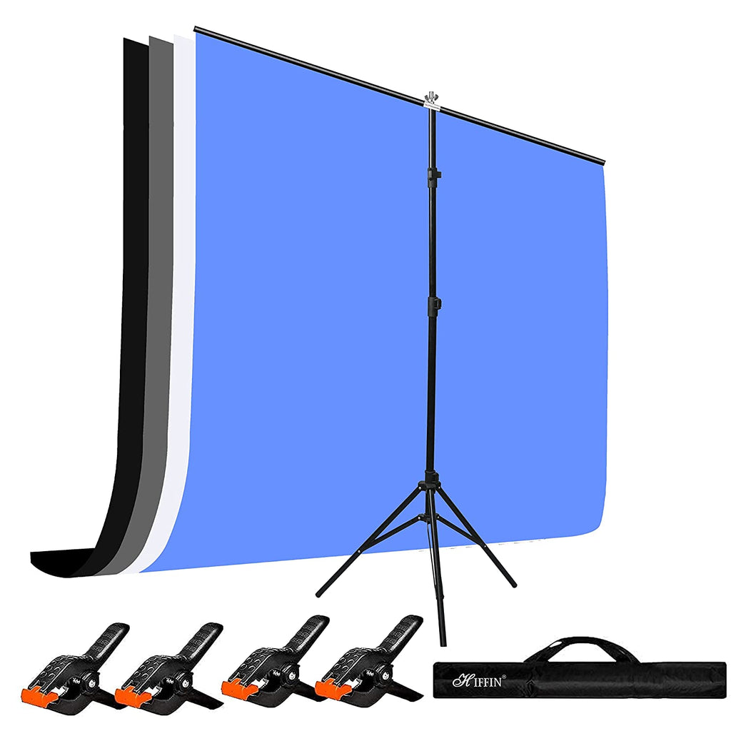 HIFFIN® Black|White|Gray|Blue Screen Backdrop 6x10 ft with Stand -6x9FT Photography Backdrop with 1PC 6.5FT T-Shape Backdrop Stands, 4PCs Spring Clamps, 1PCs Carry Bag