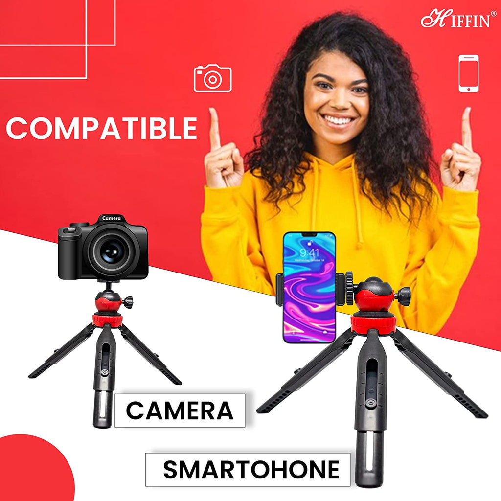HIFFIN (HF-350) (18CM) Portable & Extendable Mini Tripod with 360 Degree Ball Head & Mobile Holder for Smart Phones | GoPro | DSLR Compact Cameras | Maximum Load Upto : 1 kg