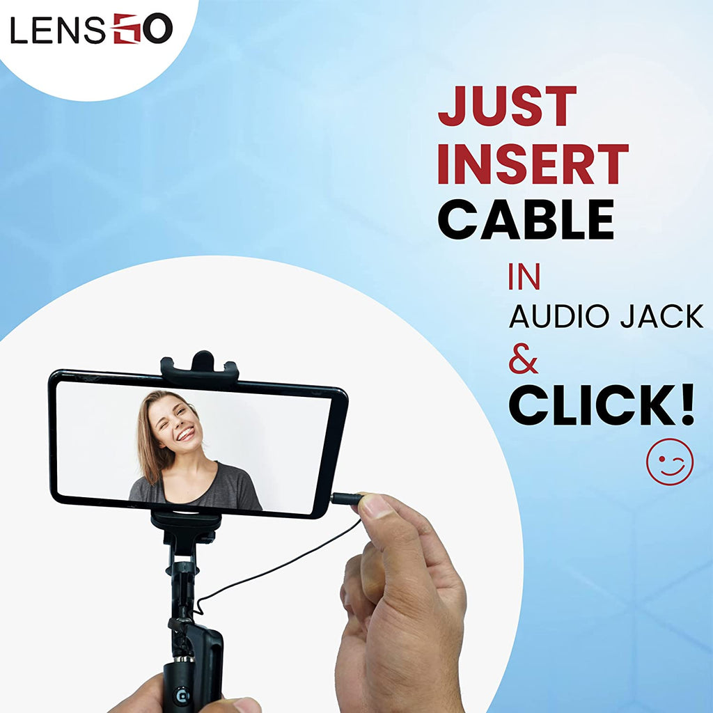 Lens GO Monopod Selfie Stick with Hand Stabilizer for Mobile Phone & Go Pro for clicking Photos & Making Video with Attached AUX Cable | for iPhone and Android Mobile Phones | Black