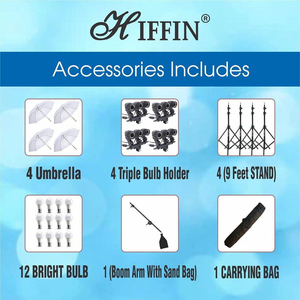 HIFFIN® E27 4 Point Studio Holder Kit Umbrella White + Studio Light Stand 9 FT Bulb Holder KIT Mark IIII | 4 Triple Holder | 4 Light Stand 9ft | 4 Umbrella | 12 x 20 W LED Bulb | 1 Boom | 1 Bag