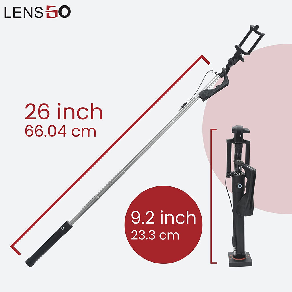 Lens GO Monopod Selfie Stick with Hand Stabilizer for Mobile Phone & Go Pro for clicking Photos & Making Video with Attached AUX Cable | for iPhone and Android Mobile Phones | Black